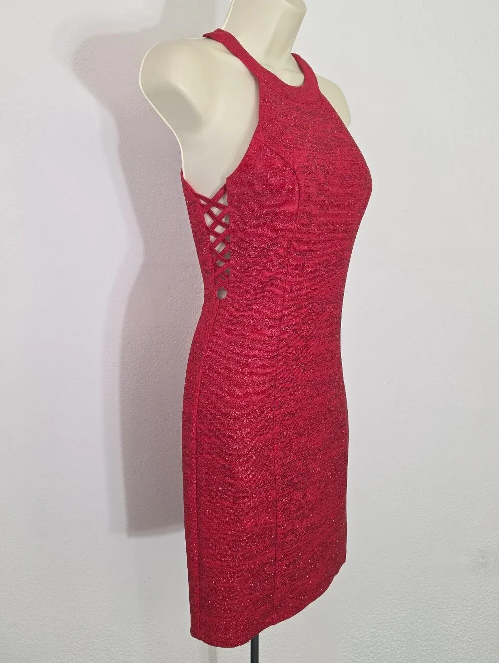 Honey and Rosie Dress Shimmery Halter Neckline Sleeveless Vibrant Red Size S - Picture 13 of 16